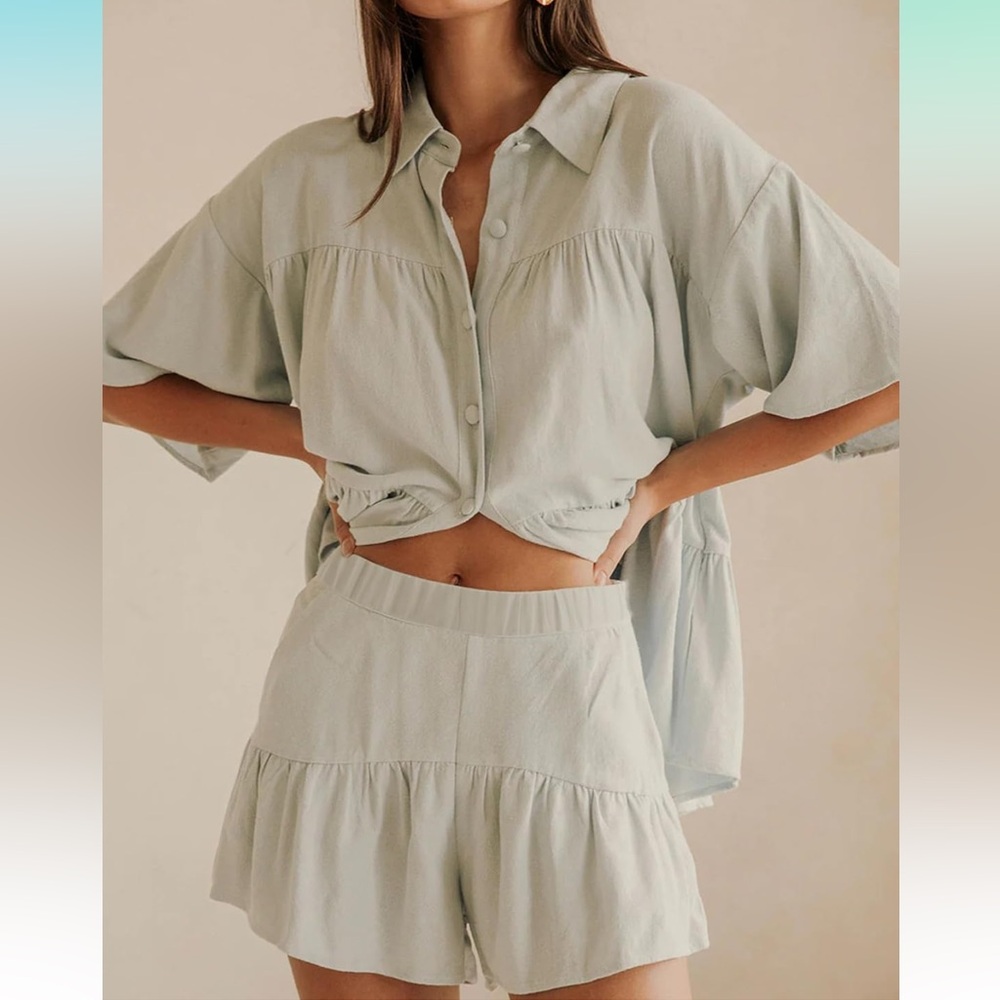 Light Green Button-Up Top and Shorts Set